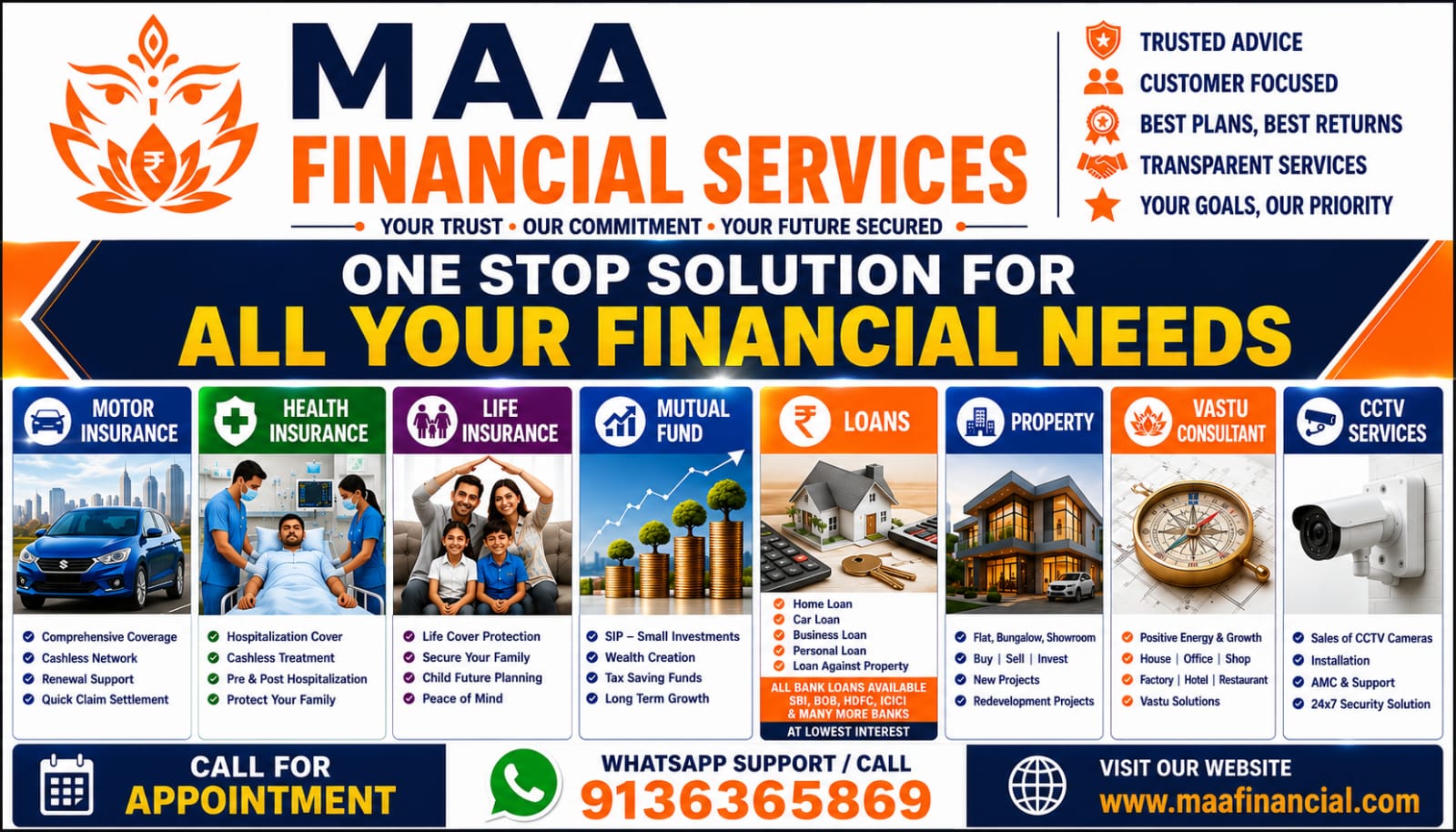 Maa Financial Services Mumbai one stop solution for all financial needs: motor insurance, health insurance, life insurance, mutual funds, home car business and personal loans, property buy sell invest, vastu consultant and CCTV services